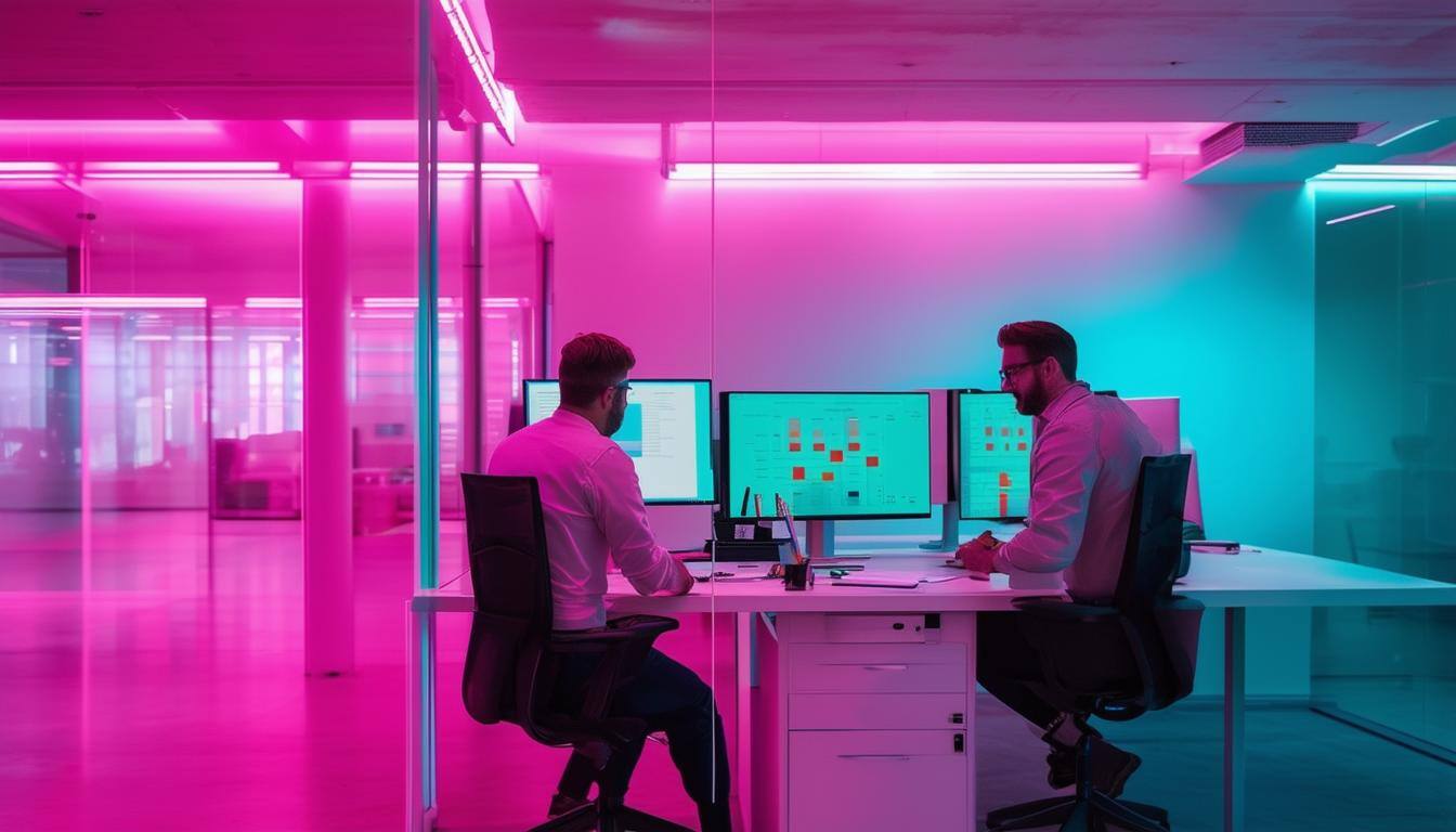 two workers in office environment with pink and teal lighting-1